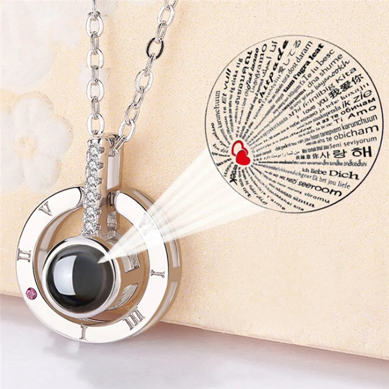 

New Arrival Rose Gold&Silver 100 Languages I Love You Projection Pendant Necklace Romantic Love Memory Wedding Necklace