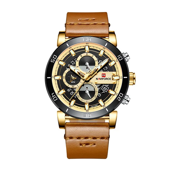 Gold NAVIFORCE спортивные хронограф мужские часы Модные Аналоговые кожаные армейские военные мужские кварцевые наручные часы Relogio Masculino - Цвет: Gold