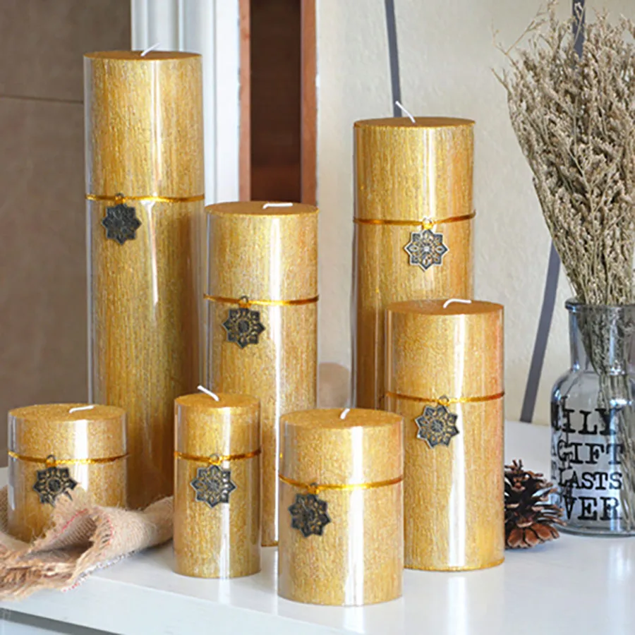 Gold Cylindrical Wedding Candle Party Gift Wick Wax Pillar Birthday