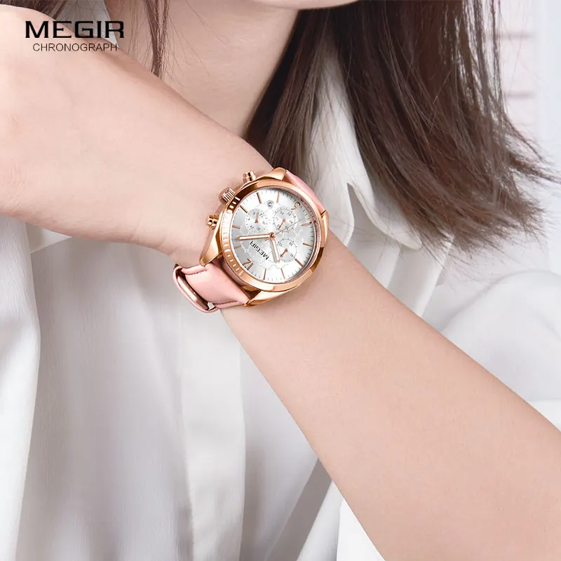 Megir Women's Luxury Dress Watches Leather Chronograph Quartz Wrist Watch Woman Lady Relogios Clock Top Brand 3Bar 2115 Pink Megir Women's Luxury Dress Watches Leather Chronograph Quartz Wrist Watch Woman Lady Relogios Clock Top Brand 3Bar 2115 Pink