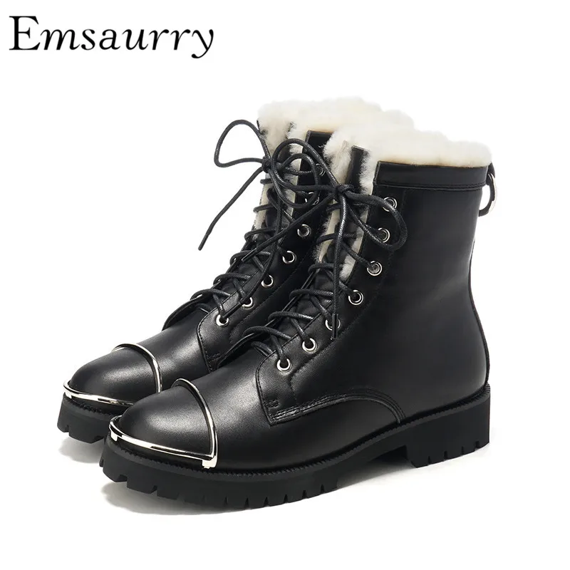 

Genuine Leather Martin Boots New Autumn Winter Wool Fur Short Boots Cross-tied Round Toe With Metal Ankle Boots Women
