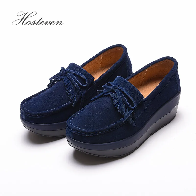 Plat Hosteven Chaussures Cuir Femmes Femelle Printemps Chaussure En Black red Femme Automne Mocassins Daim Vache gray De Frange blue rxf48f