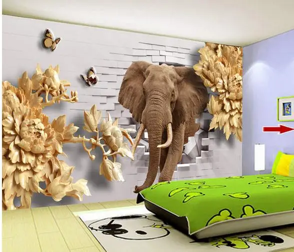 

custom photo wallpaper 3d wall murals wallpaper 3d TV setting wall woodcarving peony elephant brick wall wallpaper living room