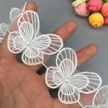 

20X White Pearl Beaded Butterfly Flower Lace Edge Trim Ribbon Fabric Embroidered Applique Sewing Craft Wedding Dress Clothes