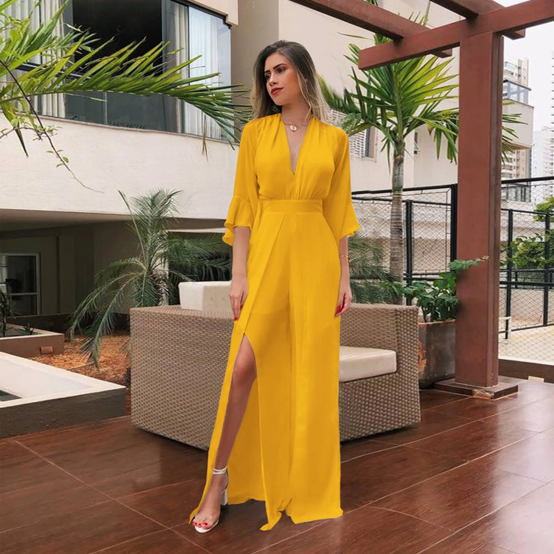 

2019 Women V-neck Chiffon Jumpsuit One Piece Overalls Ladies Casual Romper Summer Sexy Jumpsuit