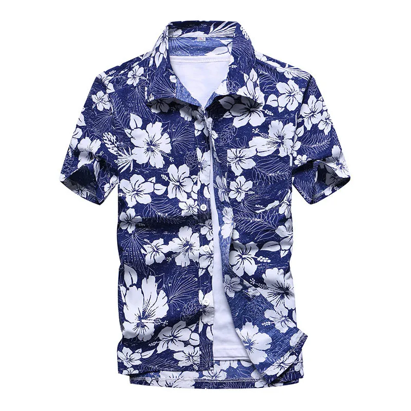 Летняя мужская пляжная рубашка, мужская повседневная рубашка с коротким рукавом и принтом, мужская рубашка большого размера S-5XL - Цвет: 37Blue