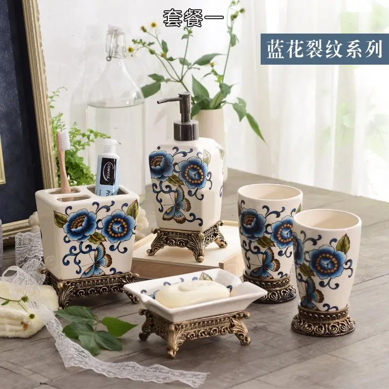 US $285.97 European ice crack ceramic five piece bathroom lovers cup toothbrush soap box frame bathroom suite