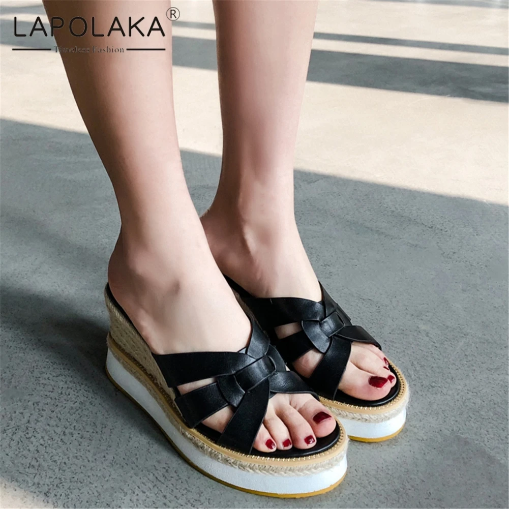 

lapolaka 2019 new fashion peep toe cow leather shoes women mules pumps wedge high heels summer pumps woman shoes