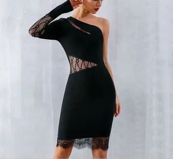 

Fashion 2019 Style Women Bandage Dress Sexy Slim One-Shoulder Black Lace Dresses Summer Autumn Evening Club Party Dresses