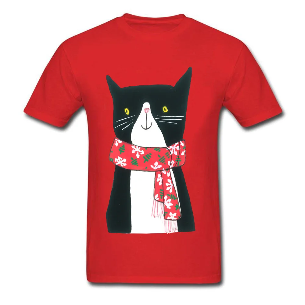 Cat With A Scarf All Cotton Tops Shirt for Men Leisure Top T-shirts Custom Discount O-Neck T-shirts Short Sleeve Cat With A Scarf red