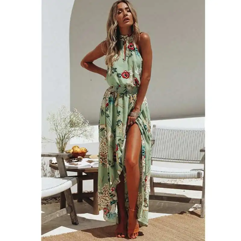 Womens Maxi Boho Floral Summer Flower Printed Summer Hot Female Beach Long Dress Evening Party Sun Dress