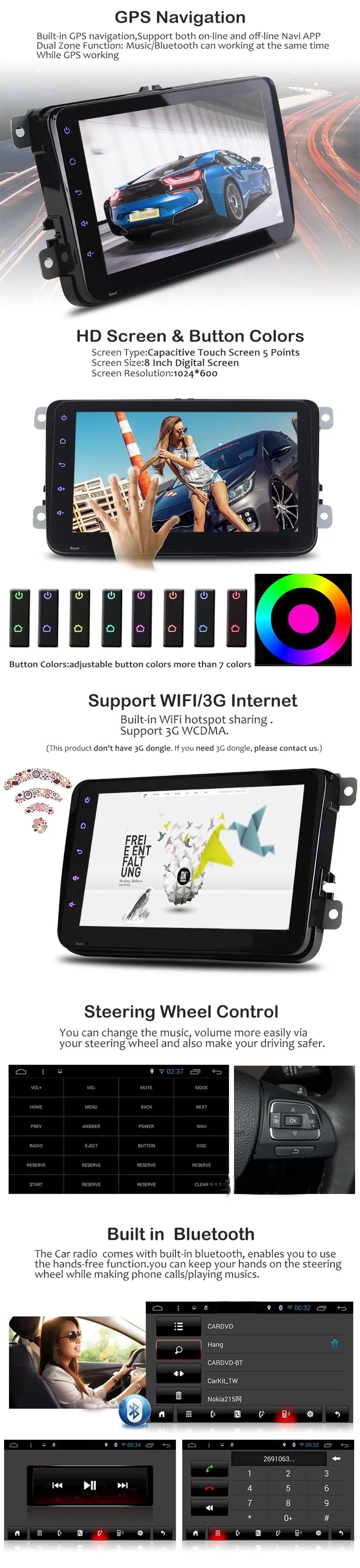 Best Android 8.1 New 8 Inch 2 DIN 1024*600 Car DVD GPS VW Passat B6 / B7 / B5/Passat CC/T5 T 5 /sharan/with WiFi Radio 3G /free map 4