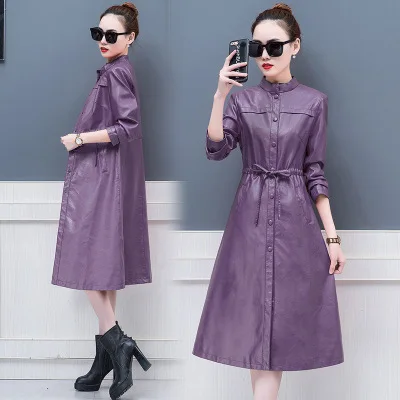 

2018 fall luxury jacket pu leather dress long sleeve womens long leather trench coat black faux leather jackets women plus size