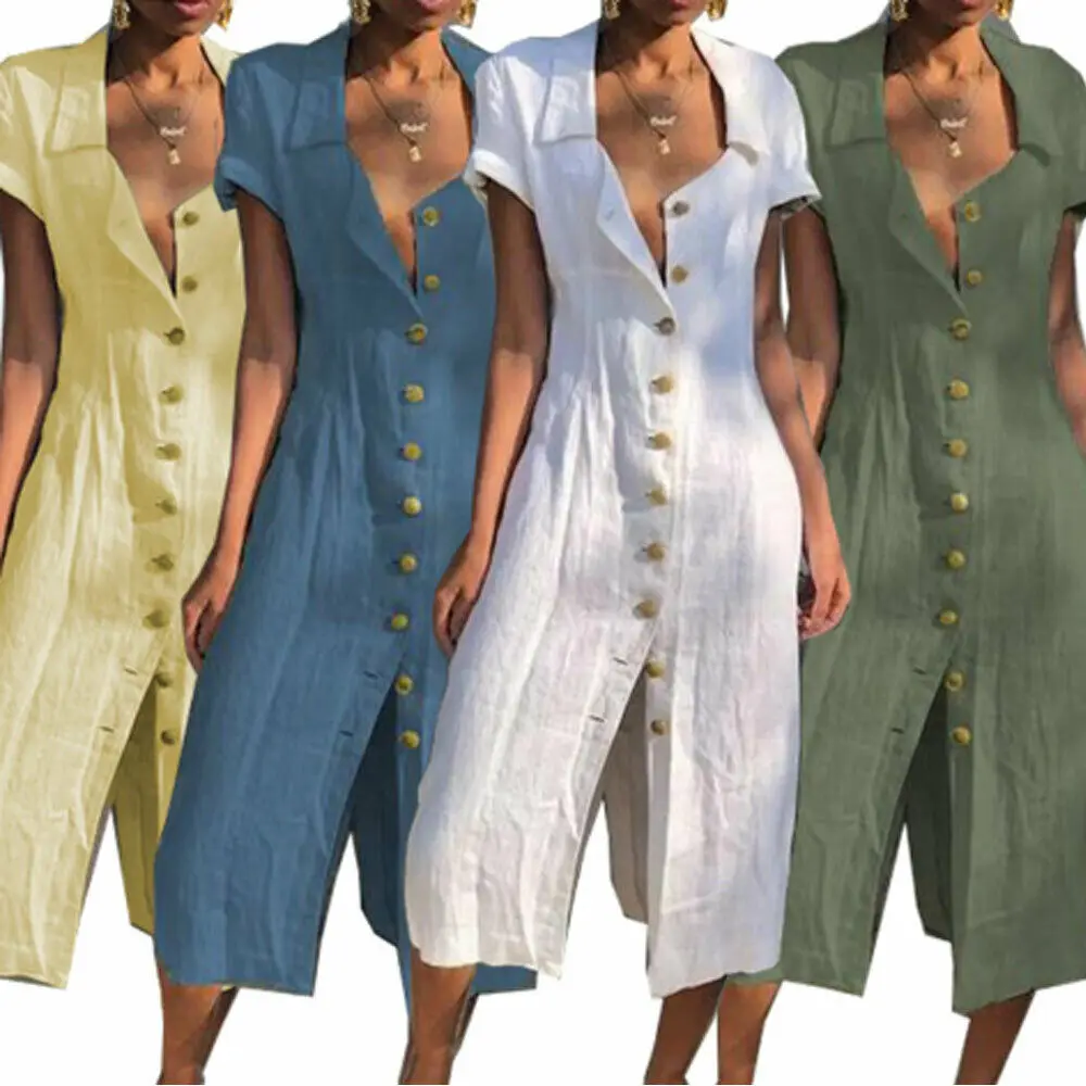 

2019 Womens Summer Ployester Long Maxi Dress Short Sleeve Casual Boho Kaftan Gypsy Ethnic Solid Color Dresses