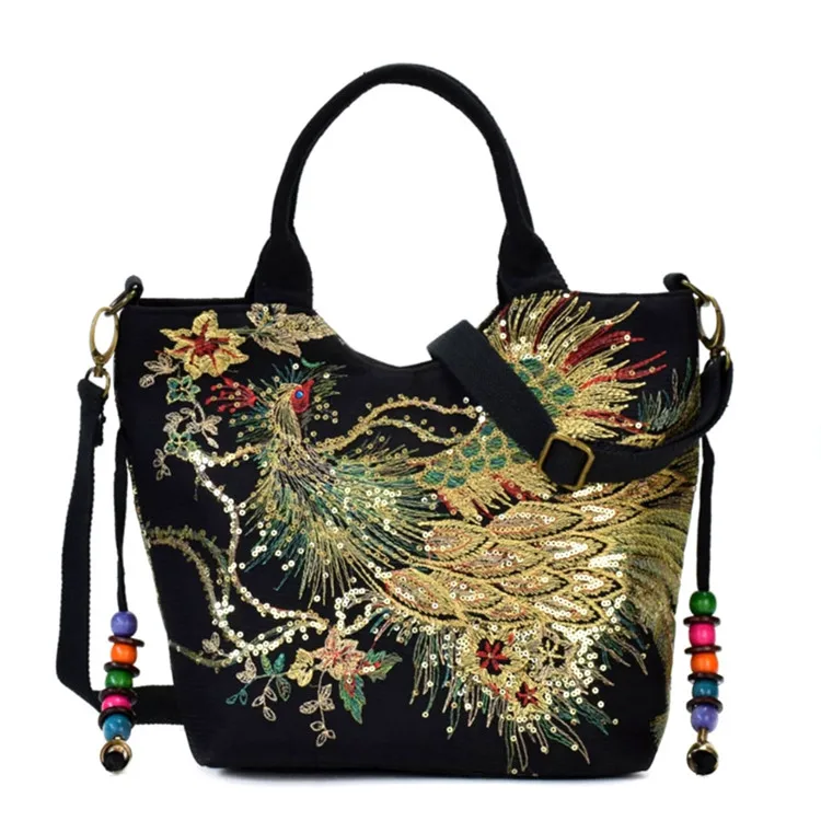Высококачественная женская сумка с вышивкой павлина в этническом стиле, Сумочка через плечо, женская сумка на плечо - Цвет: Black