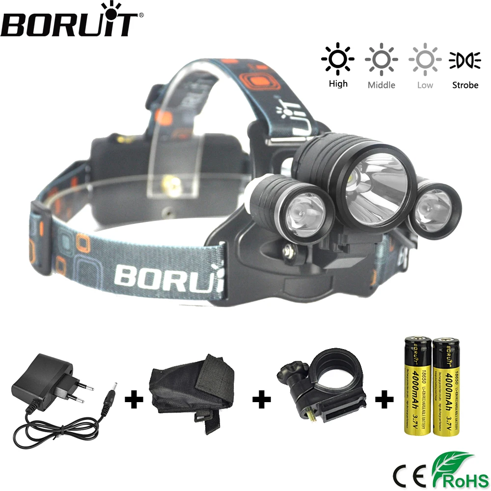 

BORUiT 4-Mode IPX6 Waterproof Headlight RJ-1155 XML T6 R2 LED Headlamp Bicycle Light Head Torch Camping Hunting Frontal Lantern