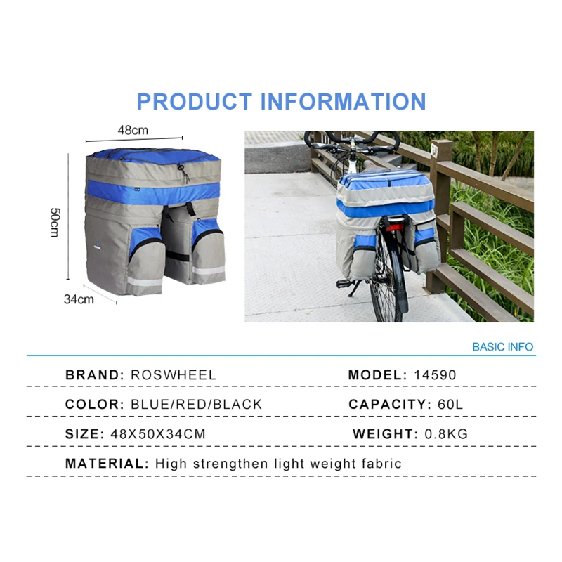 Top Roswheel 60L Bicycle Bag Black Blue Red Double Bicycle Rear Seat Rack Trunk Bag with rain cover Handbag Pannier Bike accessories 3