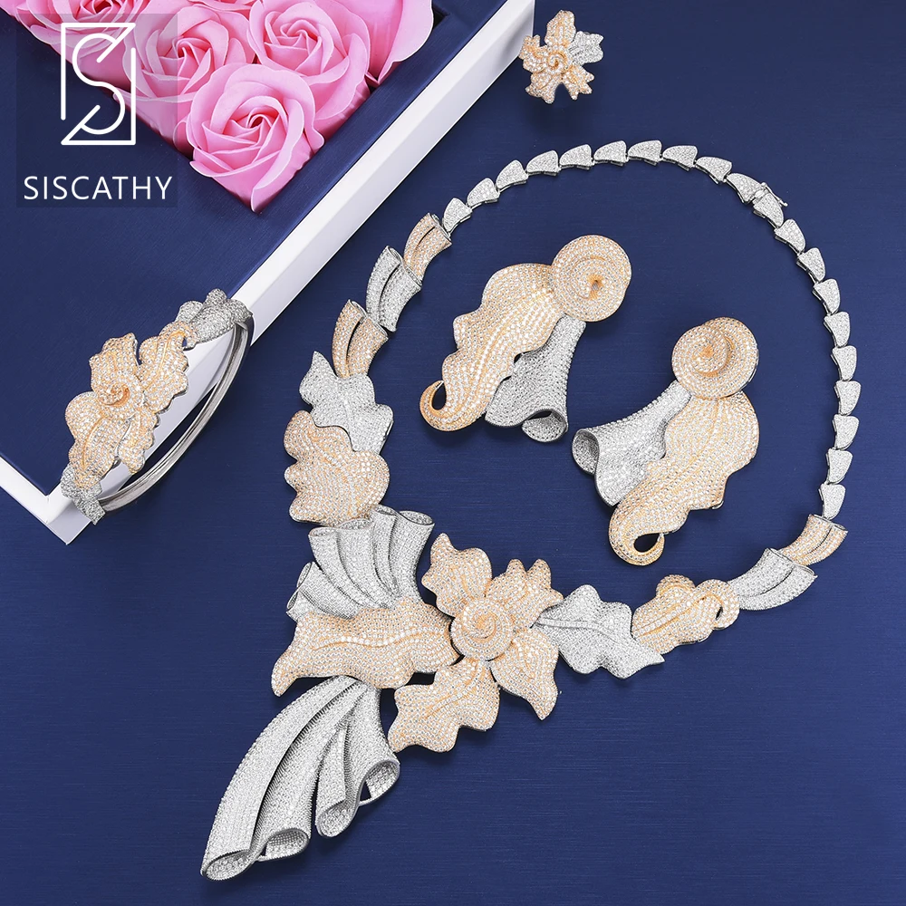 

Siscathy 4PCS Luxury Bridal Wedding Engagement Jewelry Sets Big Leaves Collar Necklace Dangle Earrings Bangle Ring Jewelry Sets