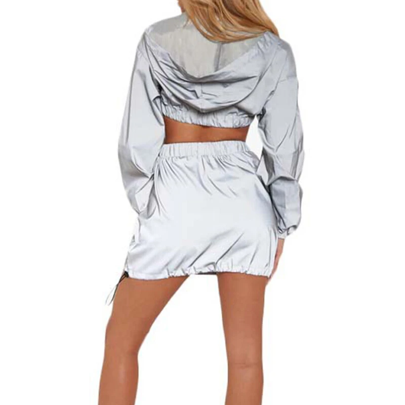 Для женщин Повседневное из двух частей Ser платье 2 светоотражающие спортивные толстовки укороченный топ+ юбка наряды с длинным рукаво