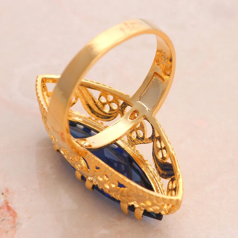 Rolilason Королевский Синий Циркон золотой тон Обручение Модные украшения для Для женщин Роскошные Кольца США Размеры#7#8#9#10#11 JR2138