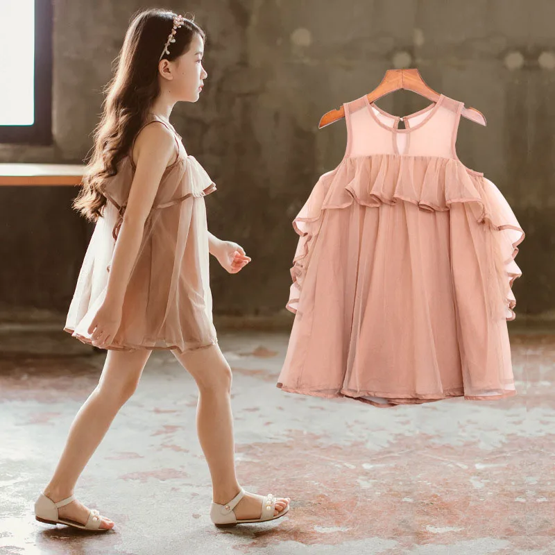

New 3-10 Years Girls Cute Summer Solid Thin Mesh Dress Princess Children's Sleeveless Wavy Drape Vest Dresses For Wedding Party