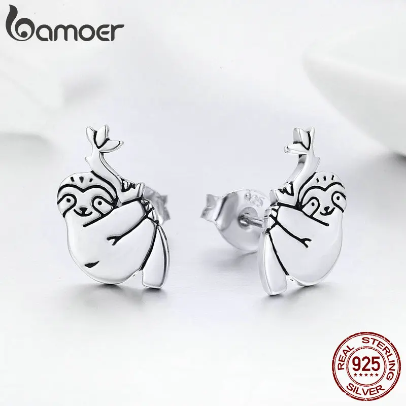 BAMOER Популярные 100% Серебро 925 пробы милое животное Ленивец маленькие серьги