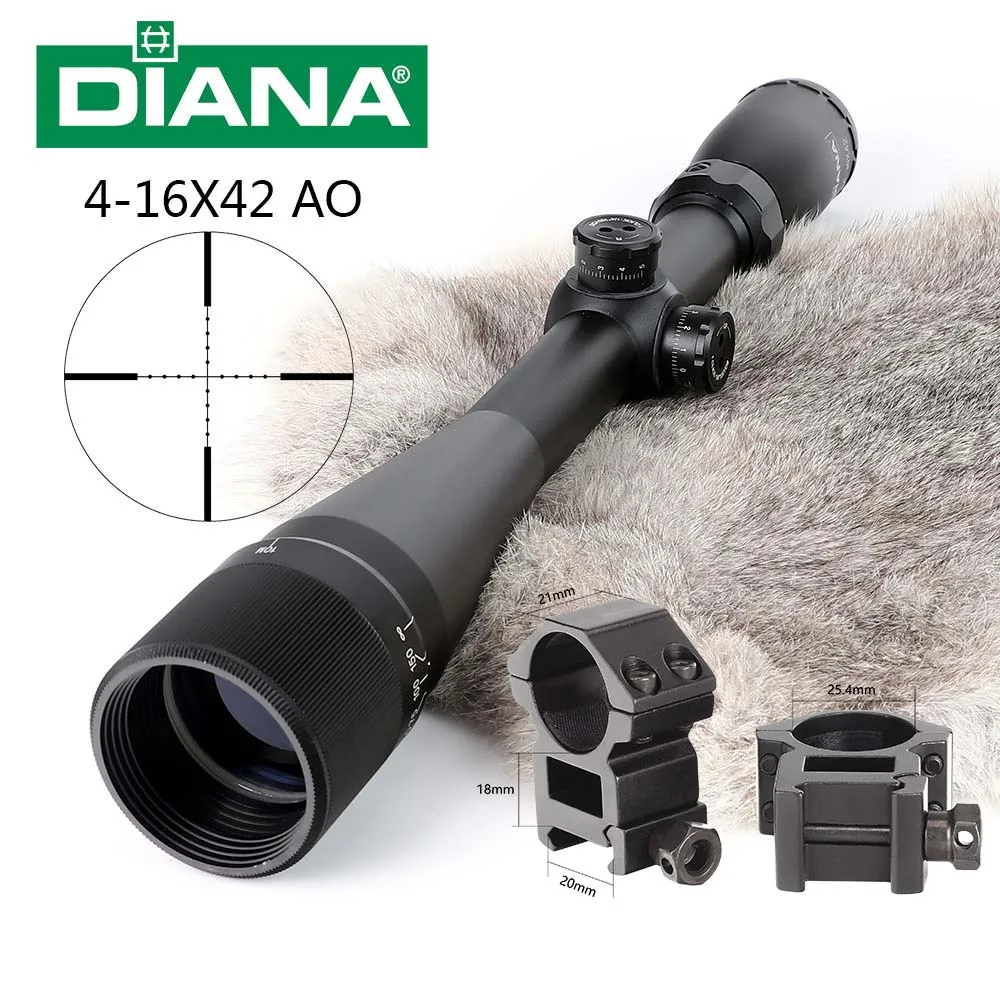 DIANA 4-16X42 AO тактический оптический прицел Mil-dot Сетка прицел Охотничья винтовка прицел с 11 м или 20 мм кольца для страйкбола винтовка - Цвет: withPicatinny Rings2