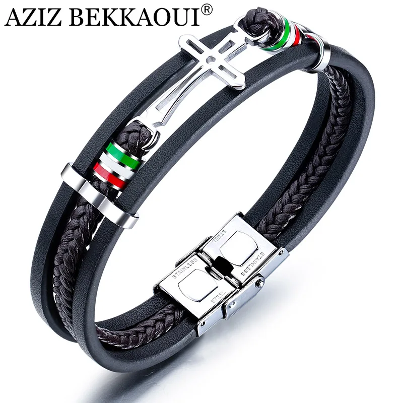 

AZIZ BEKKAOUI Handmade Cross Leather Chain Weaved Men Bracelets Fashion New Magnetic Clasp 316L Stainless Steel Wristband Gift