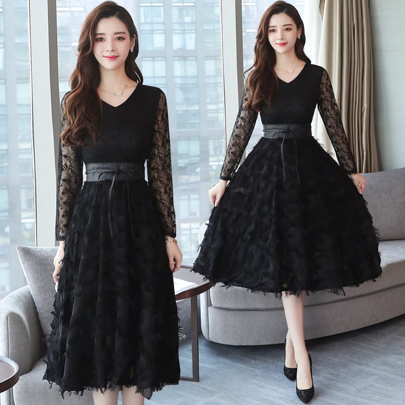 Goede 2018 Herfst Winter Nieuwe Plus Size Vintage Kant Avond Midi Jurken Bodycon Koreaanse Zwarte Jurk Lange Mouwen Runway Vestidos