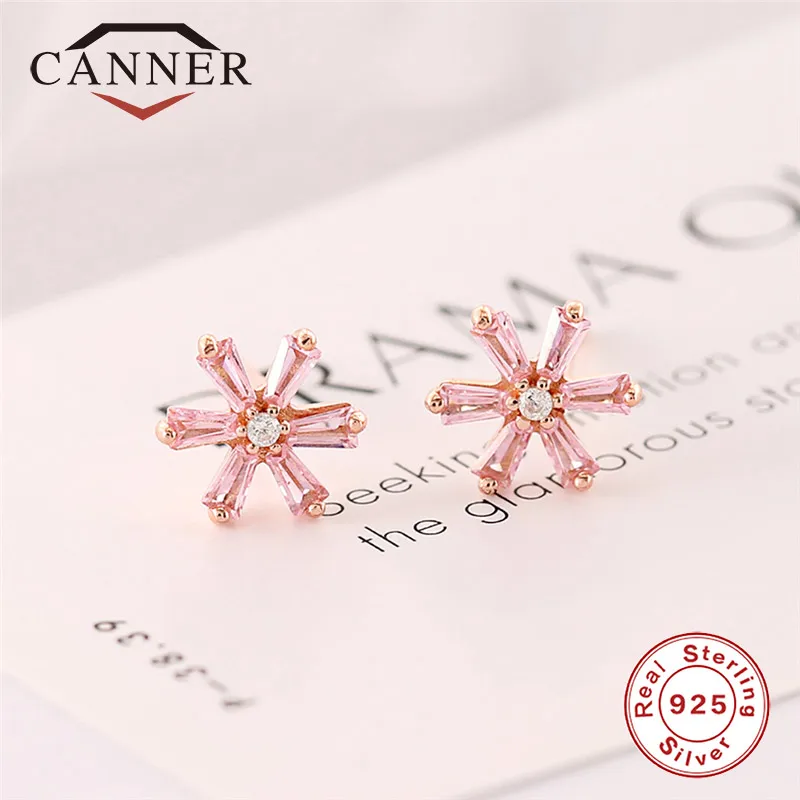 CANNER S925 Sterling Silver Rose Gold Color Flower Shaped Stud Earring Lovely Women Girls Zircon Earring TH