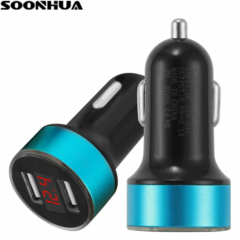 

SOONHUA LED Screen Car Charger For iPhone Xiaomi 2 Port USB Smart Quick Car-Charger Adapter 2.1A Mobile Phone Adapter Charging