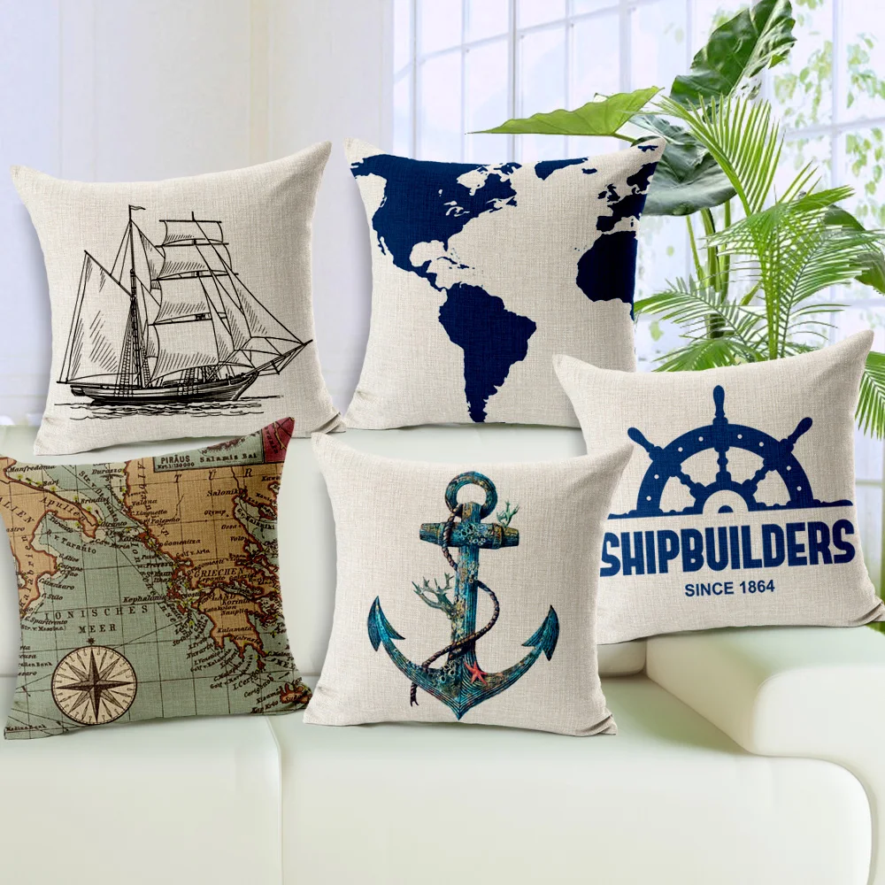 Nordic Navigation Map Sail Boat Anchor Home Decor Linen Cotton Pillow  Cushion Rudder Decorative Throw Pillows