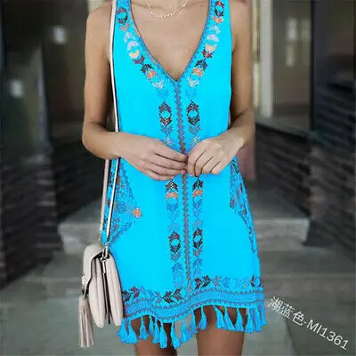 

Women Sleeveless Summer Boho Printed Beach Casual Loose Mini Shirt Beach Dress