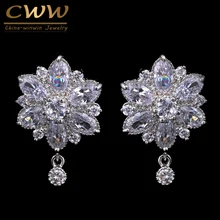 CWWZircons геометрические серьги-гвоздики из белого золота AAA+ Кубического циркония с большим цветком для женщин CZ022