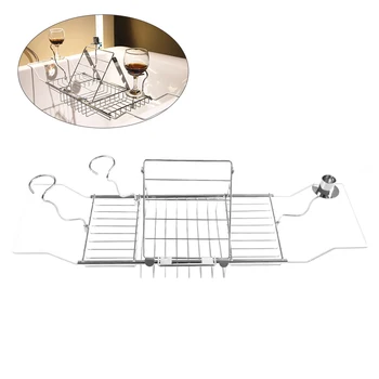 

Stainless Steel Bathtub Tray Over the Tub Racks Retractable Shower Organizer with Extending Sides for Holding Wine and Towels