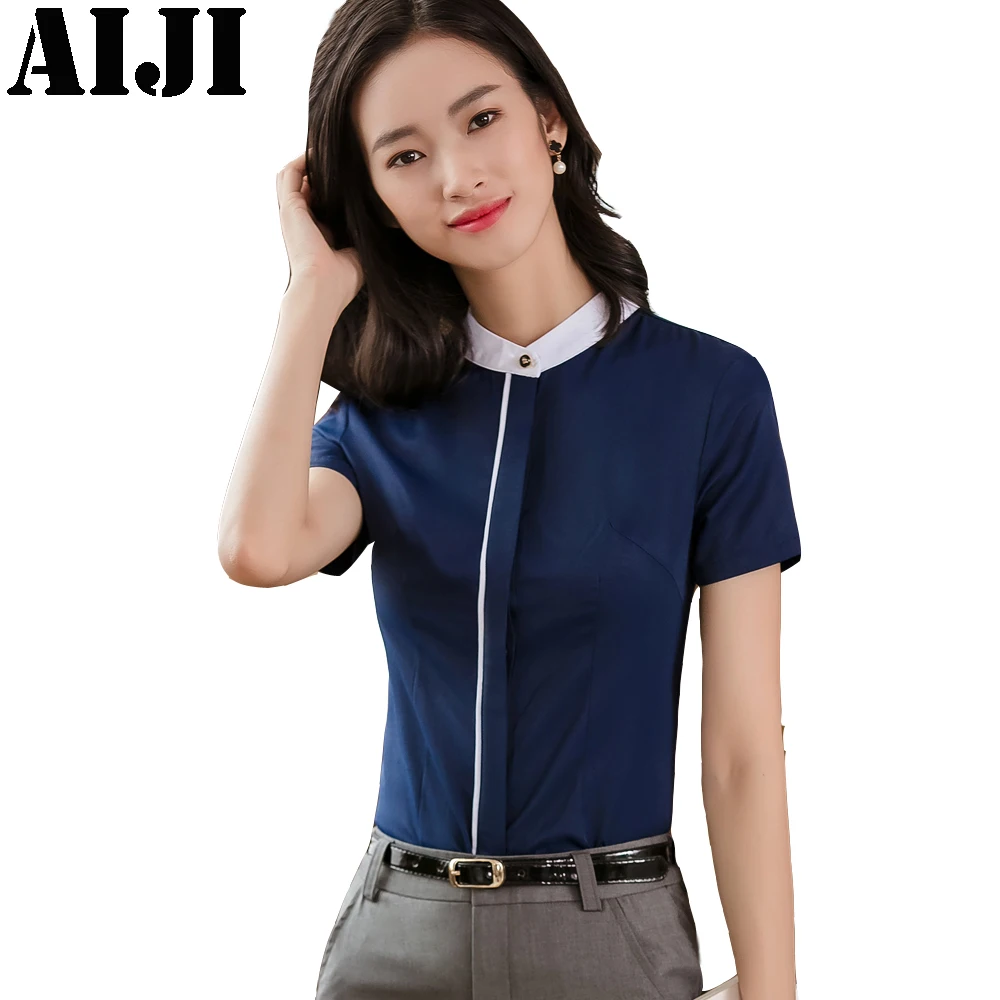 Office Formal Women Shirts Blouses White Navy Elegant Ladies Chiffon ...