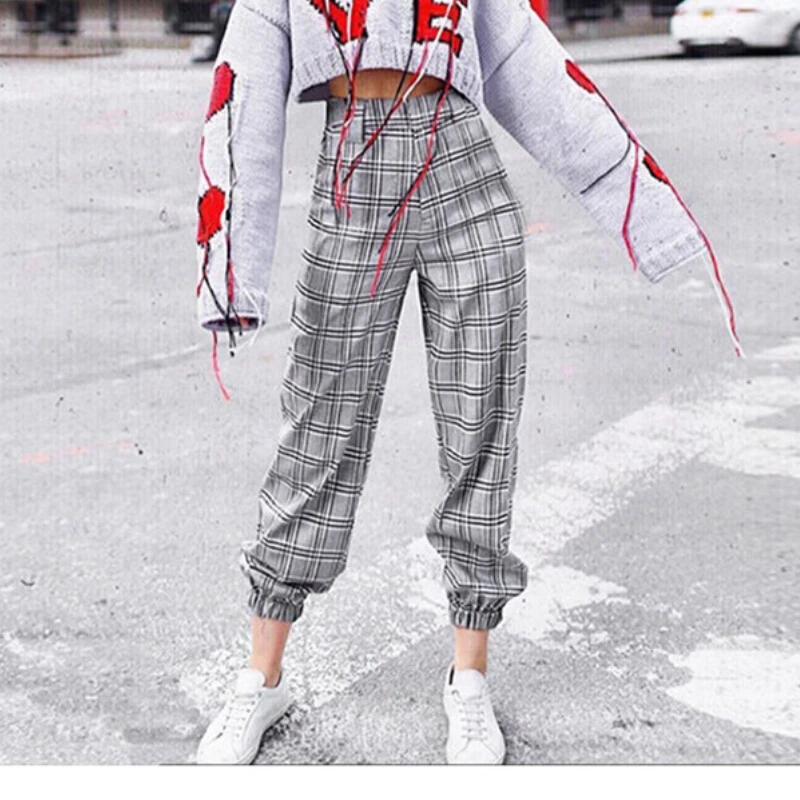 

Women Casual High Waist Pants Plaids Loose Long Trouser Elastic Waist Autumn Winter 2018 Haren Pant Female
