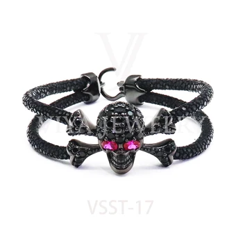 

High-end Men Black Skull Charm Bracelet Pave Setting Sterling Silver Skull Bracelet Luxury Men Stingray Leather&Skull Bracelet