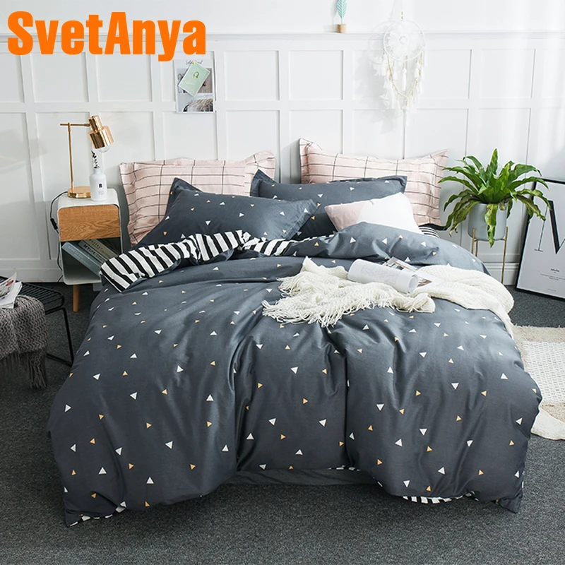 

Svetanya Cotton Bedding Set (Sheet Pillowcase Duvet Cover) Triangle Printed Gray Bedlinens Single Double Queen Full King size