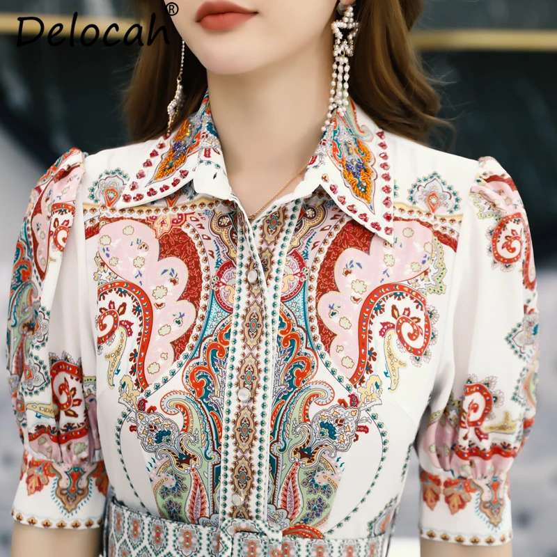 Delocah New 2019 Women Spring Summer Dress Runway Fashion Designer Lantern Sleeve Beading Sashes Elegant Vintage Vacation Dress