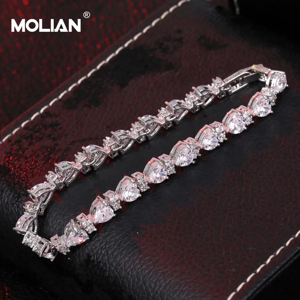 MOLIAN Silver color Love heart Cubic Zirconia Bracelet & Bangle For Women Bridal Wedding Jewelry Charm Bracelet Free shipping Fashion Jewelry