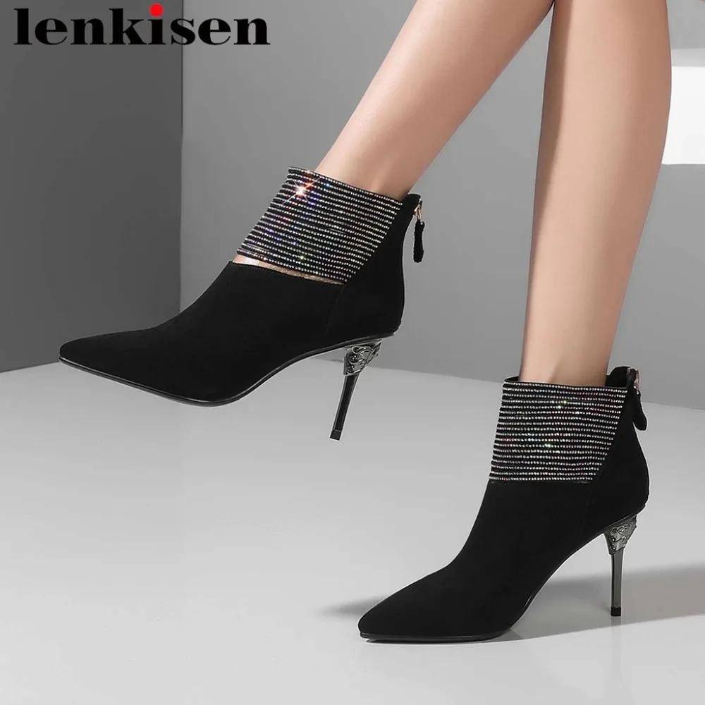 

2019 superstars genuine leather fashionshow pointed toe thin super high heels sexy runway glitter crystals chain ankle boots L86