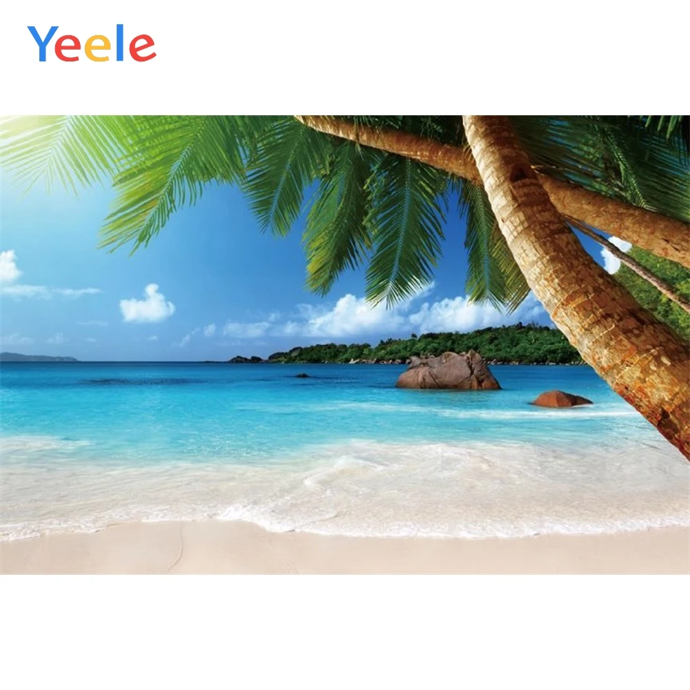 

Yeele Sky Cloud Sea Beach Palm Tree Stone Baby Summer Photography Backgrounds Customized Photographic Backdrops for Photo Studio