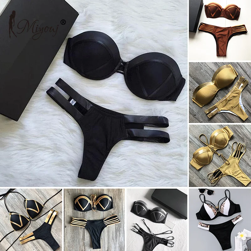 

Miyouj Bandeau Bikini Hollow Out Sexy String Swimsuit Push Up Bandage Swimwear Bathing Suit Women Biquini Thong Black Bikini Set