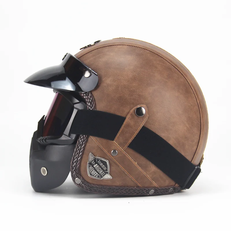 

PU Leather Helmets 3/4 Motorcycle Chopper Bike helmet open face vintage motorcycle helmet with goggle mask