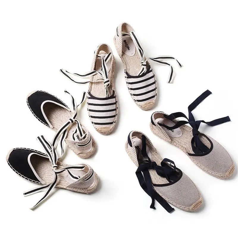 

Sandals female 2018 new summer fisherman shoes straps straw braided canvas flat shoes retro striped loafers.
