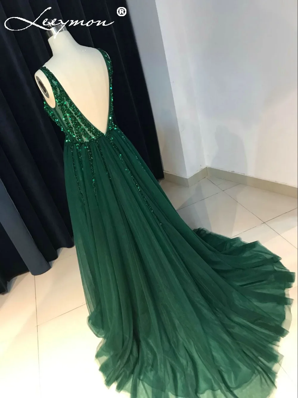 Плюс Размеры высокой стороне Разделение зеленый платье для выпускного вечера-Line тюль Длинные вечерние платье из бисера блестками пикантные открытой спиной Вечерние платья
