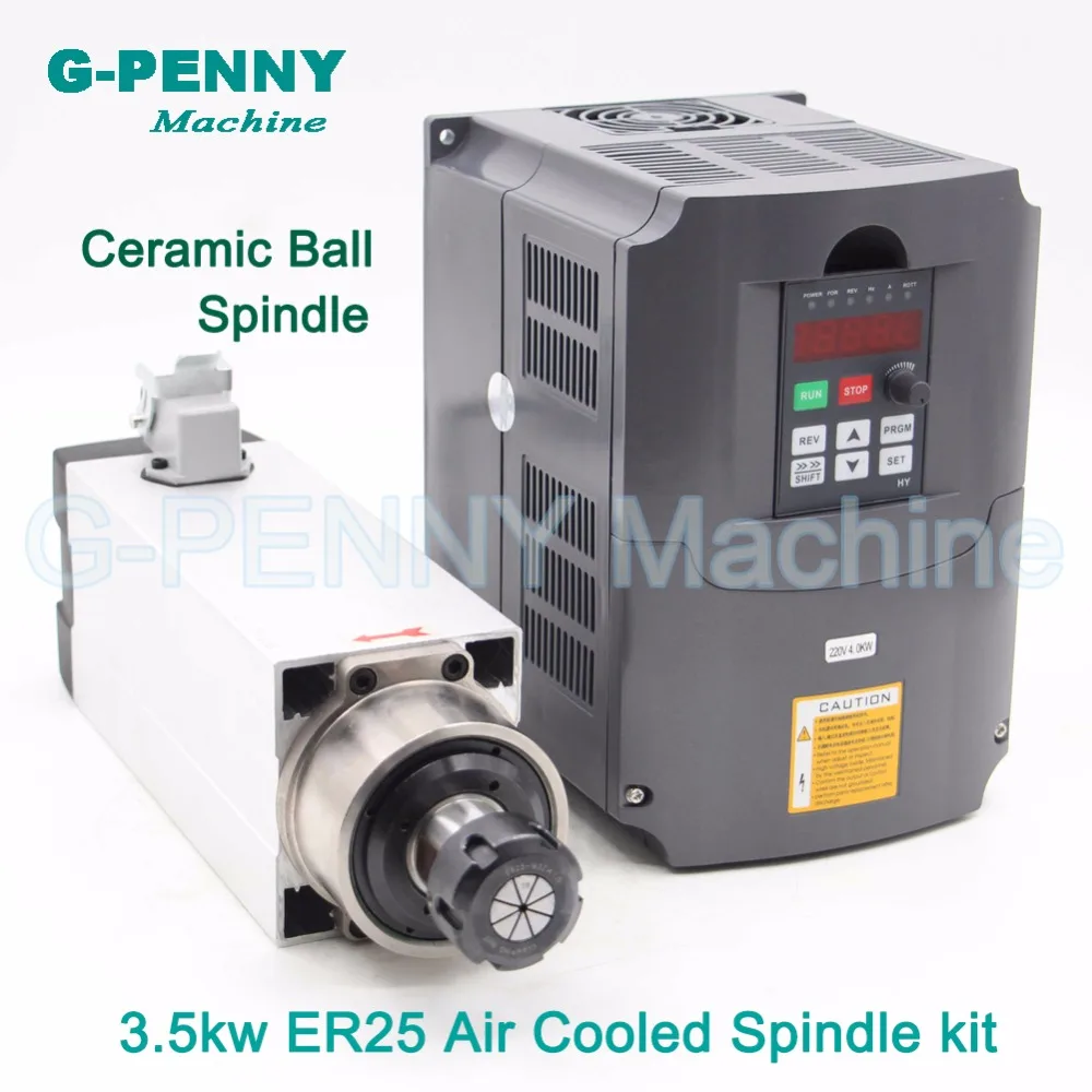 3.5kw ER25 Air Cooled Spindle 4bearings CNC square motor ceramic ball bearings high accuracy & 4.0kw VFD / inverter High Quatity