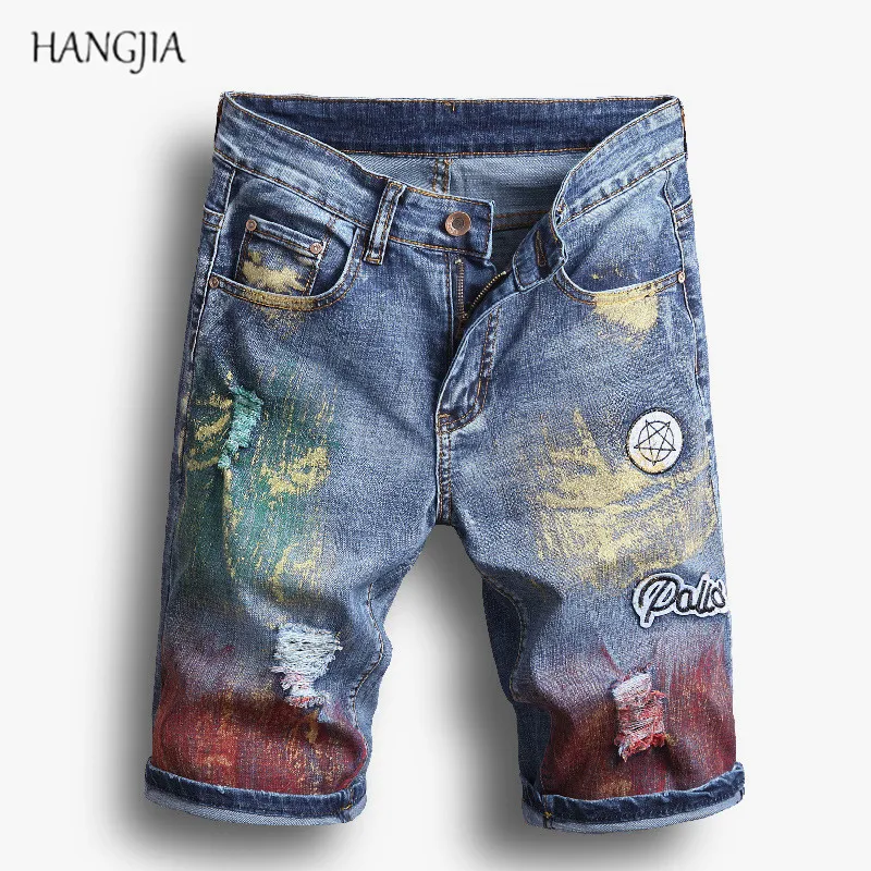 

Motorcycle Stitching Splash Ink Denim Shorts 2018 Men's Personality Fashion Hand-painted Knee Length Hip-hop Stretch Slim Jeans