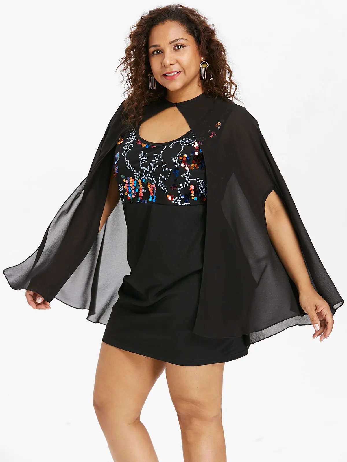 

Wipalo Party Dress Plus Size Elegant Colorful Sequins Scoop Neck Panel Tank Dress With Sparkly Armhole Cape Mini Fitted Dress